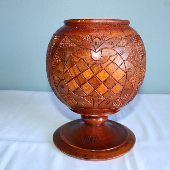 Vintage Hand Turned Carved Solid Wood Pedestal Vase With Lid 14" Tall - Picture 3 of 12